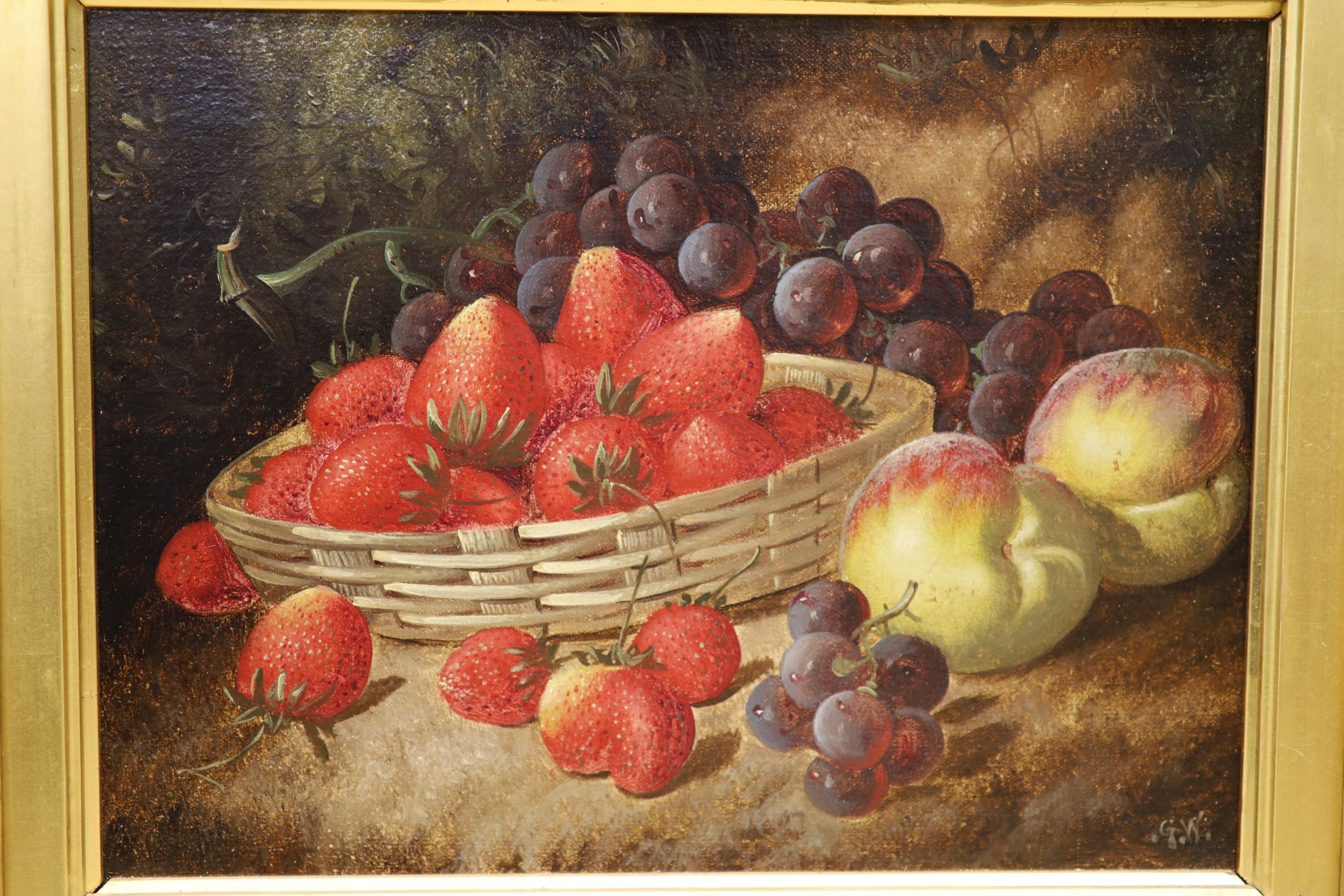 G.W - Late 19th century English school, pair of oils on canvas, Still life’s with a basket of strawberries and plums, initialled, 21 x 28cm.